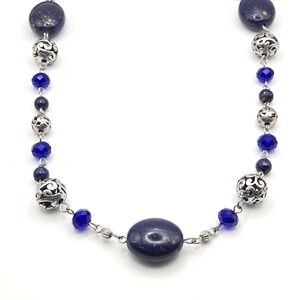 RMN Navy Blue‎ Gold Fleck Cobalt Crystal Silver Tone Filigree Beaded Necklace